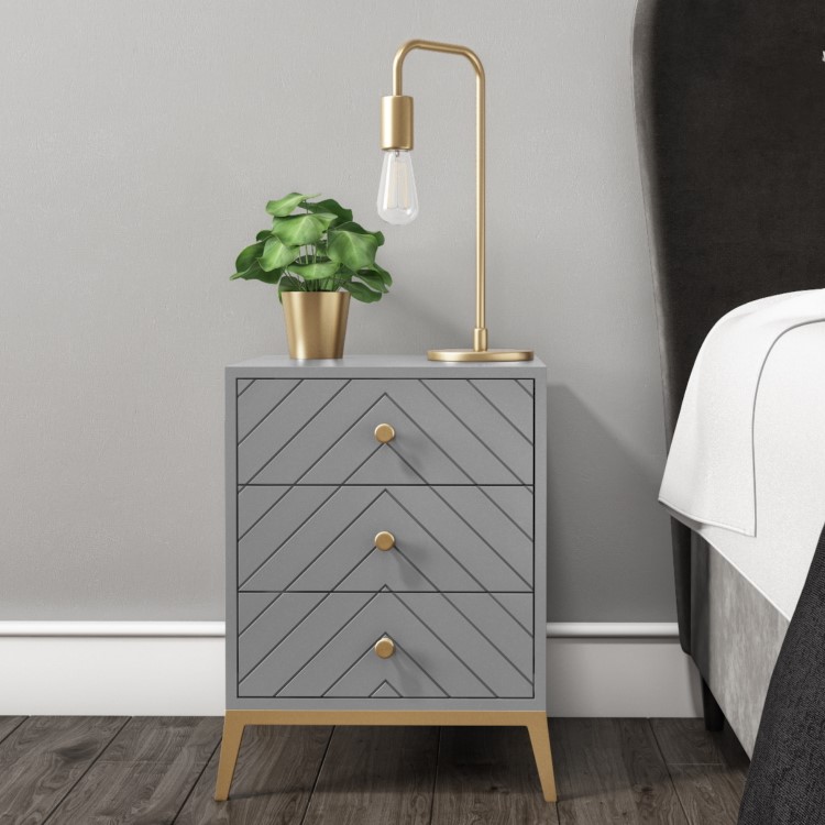 Ezra Chevron 3 Drawer Bedside Table in Pale Grey