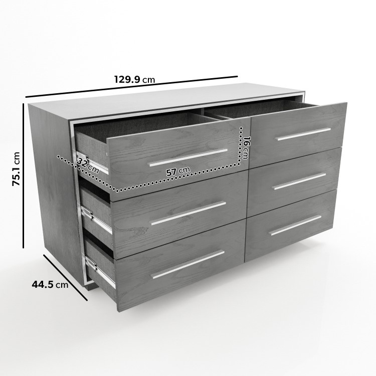 Wide Grey Oak Rustic Chest of 6 Drawers - Franco