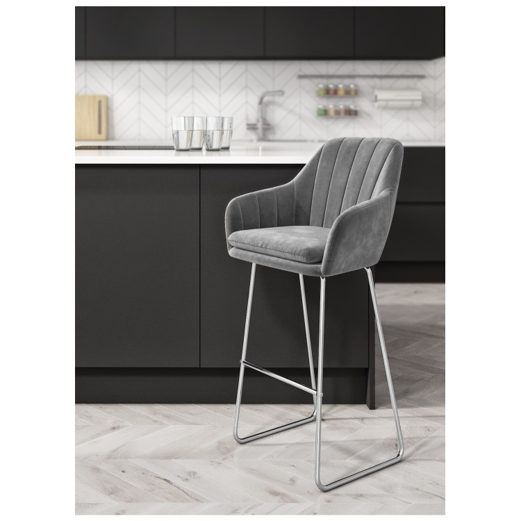 GRADE A1 - Two Grey Velvet Tub Bar Stool with Chrome Legs - Logan Bundle