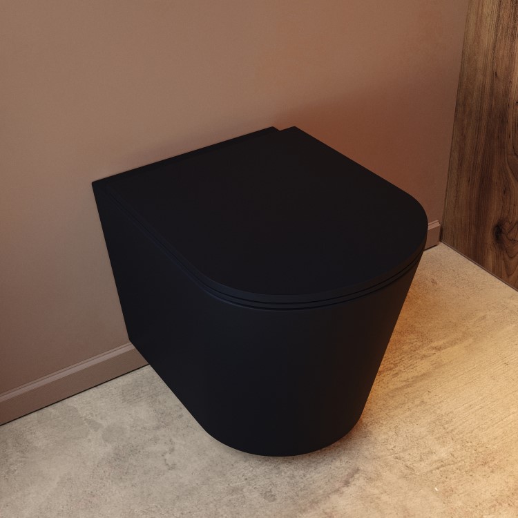 ONLY OPENED - Matt Black Wall Hung Rimless Short Projection Toilet with Soft Close Seat Verona