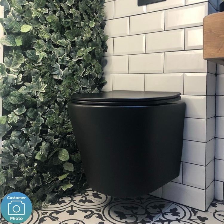 ALMOST PERFECT - Matt Black Wall Hung Rimless Short Projection Toilet with Soft Close Seat – Verona