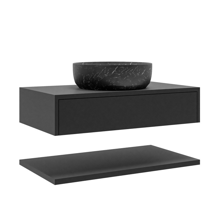 800mm Black Wall Hung Countertop Vanity Unit with Black Marble Effect Basin and Shelf - Lugo
