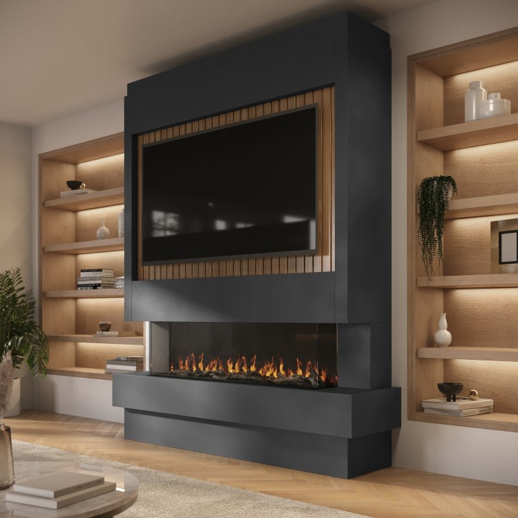 Pre-Built Media Wall with Inset Electric Smart Fire - AmberGlo