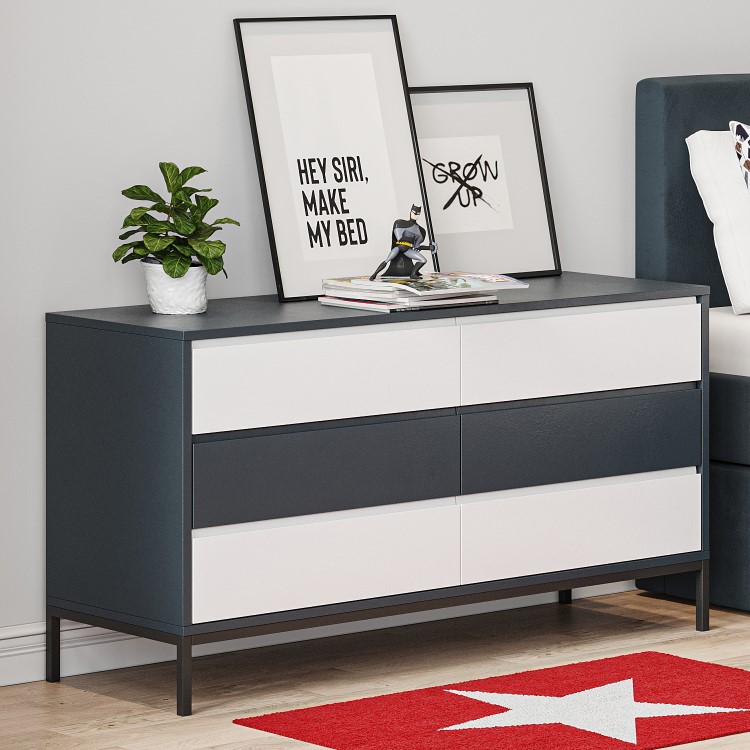 Kids Wide Grey Retro Chest of 6 Drawers with Legs - Aiko