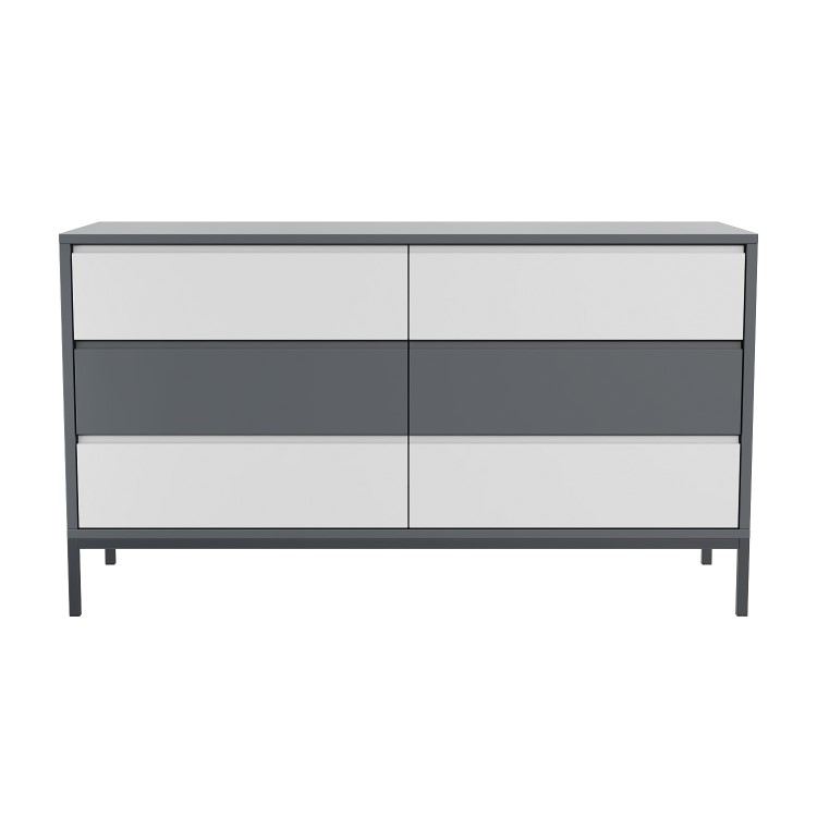 Kids Wide Grey Retro Chest of 6 Drawers with Legs - Aiko
