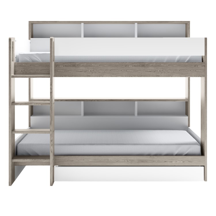 White & Oak Bunk Bed with Storage Shelves and Drawer - Aire