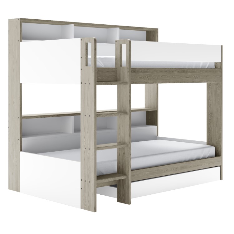 White & Oak Bunk Bed with Storage Shelves and Drawer - Aire