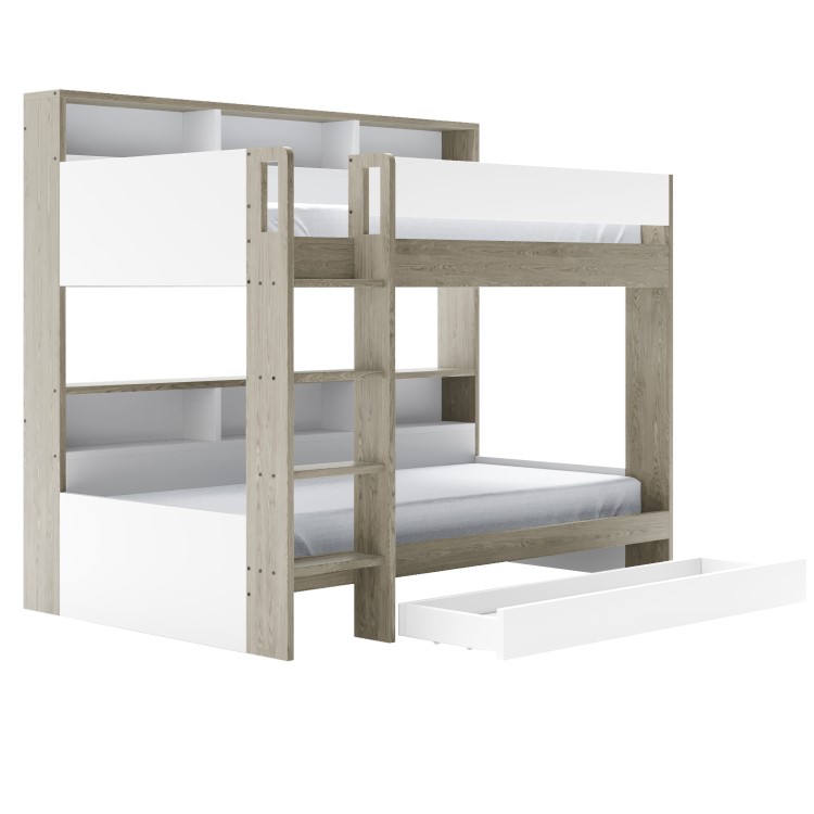 White & Oak Bunk Bed with Storage Shelves and Drawer - Aire