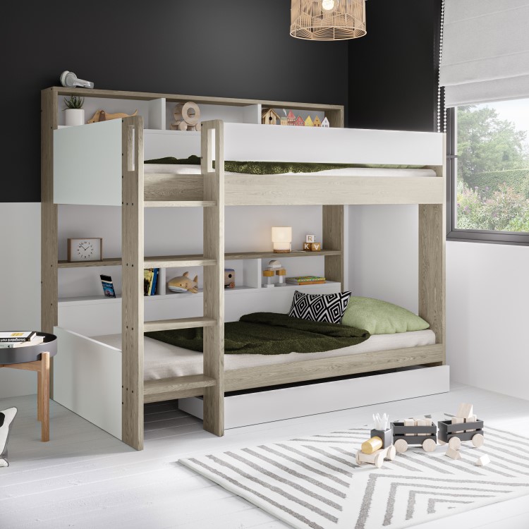 White & Oak Bunk Bed with Storage Shelves and Drawer - Aire