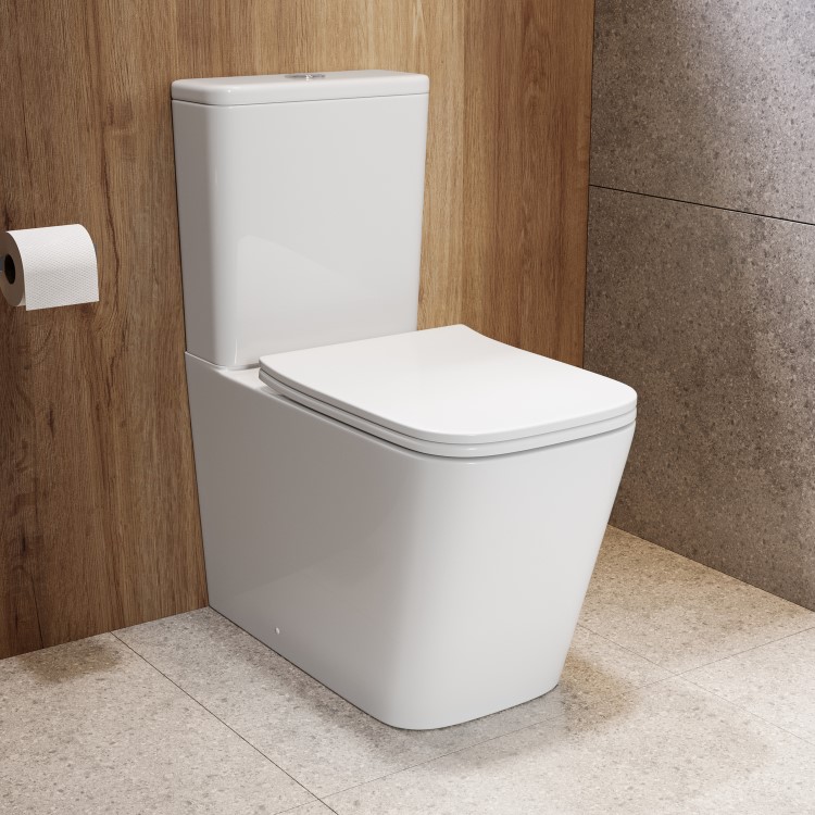 Close Coupled Rimless Closed Back Toilet with Soft Close Seat & Chrome Push Button - Albi