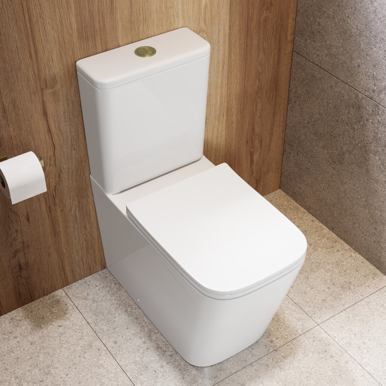 Close Coupled Rimless Closed Back Toilet with Soft Close Seat & Chrome Push Button - Albi