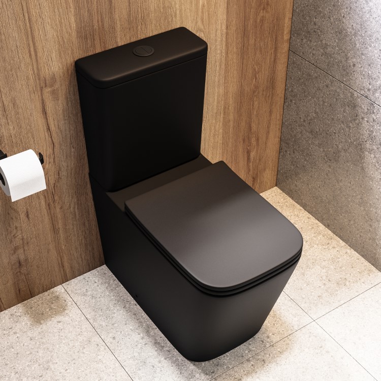 ONLY OPENED - Matt Black Close Coupled Rimless Toilet with Soft Close Seat - Albi
