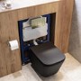 Matt Black Wall Hung Toilet with Soft Close Seat, Brass Pnuematic Flush Plate, 820mm Frame & Cistern - Albi