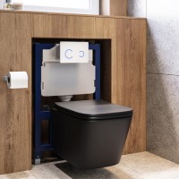Matt Black Wall Hung Toilet with Soft Close Seat, White Glass Sensor Flush Plate, 820mm Frame & Cistern - Albi