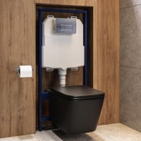 Matt Black Wall Hung Toilet with Soft Close Seat, Chrome Pnuematic Flush Plate, 1168mm Frame & Cistern - Albi