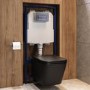 Matt Black Wall Hung Toilet with Soft Close Seat, Chrome Pnuematic Flush Plate, 1168mm Frame & Cistern - Albi