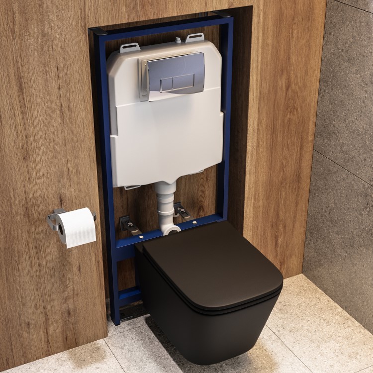 Matt Black Wall Hung Toilet with Soft Close Seat, Chrome Pnuematic Flush Plate, 1168mm Frame & Cistern - Albi