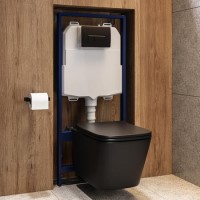 Matt Black Wall Hung Toilet with Soft Close Seat, Black Pnuematic Flush Plate, 1168mm Frame & Cistern - Albi