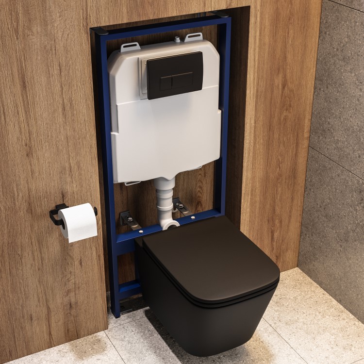 Matt Black Wall Hung Toilet with Soft Close Seat, Black Pnuematic Flush Plate, 1168mm Frame & Cistern - Albi