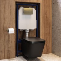 Matt Black Wall Hung Toilet with Soft Close Seat, Brass Pnuematic Flush Plate, 1168mm Frame & Cistern - Albi