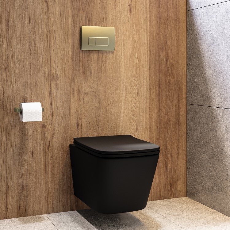 Matt Black Wall Hung Toilet with Soft Close Seat, Brass Pnuematic Flush Plate, 1168mm Frame & Cistern - Albi