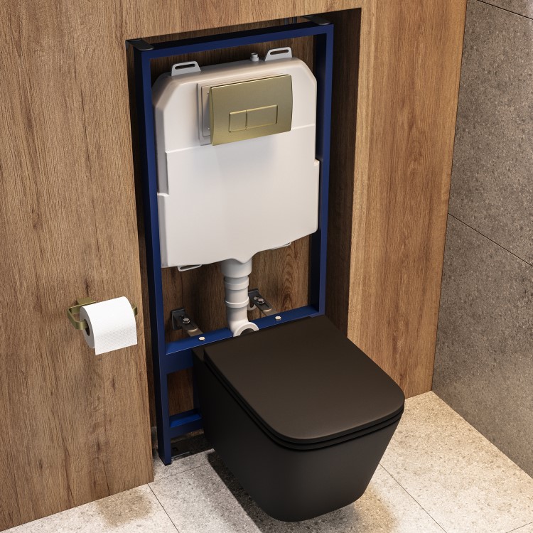 Matt Black Wall Hung Toilet with Soft Close Seat, Brass Pnuematic Flush Plate, 1168mm Frame & Cistern - Albi