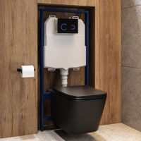 Matt Black Wall Hung Toilet with Soft Close Seat, Black Glass Sensor Flush Plate, 1168mm Frame & Cistern - Albi