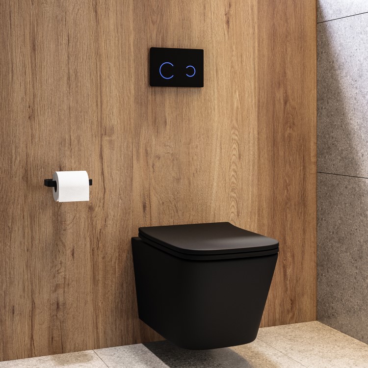 Matt Black Wall Hung Toilet with Soft Close Seat, Black Glass Sensor Flush Plate, 1168mm Frame & Cistern - Albi