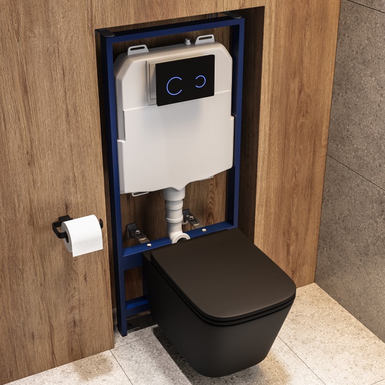 Matt Black Wall Hung Toilet with Soft Close Seat, Black Glass Sensor Flush Plate, 1168mm Frame & Cistern - Albi