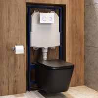 Matt Black Wall Hung Toilet with Soft Close Seat, White Glass Sensor Flush Plate, 1168mm Frame & Cistern - Albi