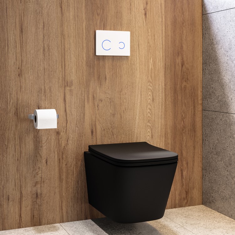 Matt Black Wall Hung Toilet with Soft Close Seat, White Glass Sensor Flush Plate, 1168mm Frame & Cistern - Albi