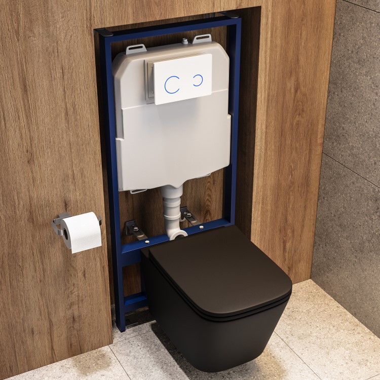 Matt Black Wall Hung Toilet with Soft Close Seat, White Glass Sensor Flush Plate, 1168mm Frame & Cistern - Albi