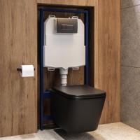 Matt Black Wall Hung Toilet with Soft Close Seat, Gunmetal Pnuematic Flush Plate, 1168mm Frame & Cistern - Albi