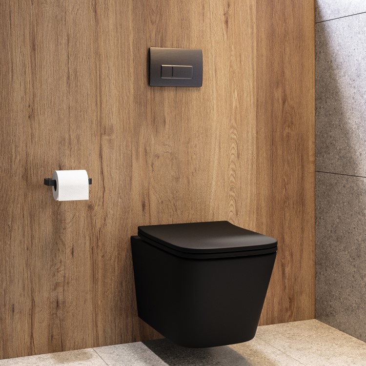 Matt Black Wall Hung Toilet with Soft Close Seat, Gunmetal Pnuematic Flush Plate, 1168mm Frame & Cistern - Albi