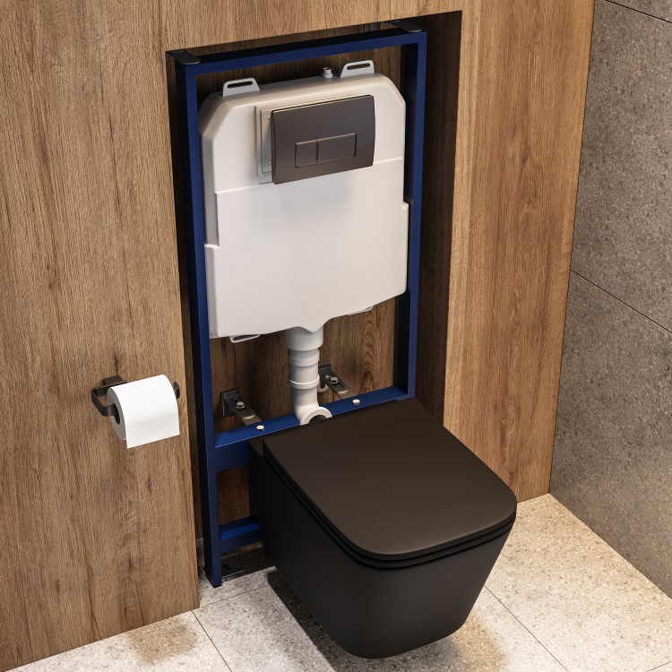 Matt Black Wall Hung Toilet with Soft Close Seat, Gunmetal Pnuematic Flush Plate, 1168mm Frame & Cistern - Albi