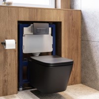 Matt Black Wall Hung Toilet with Soft Close Seat, Gunmetal Pnuematic Flush Plate, 820mm Frame & Cistern - Albi
