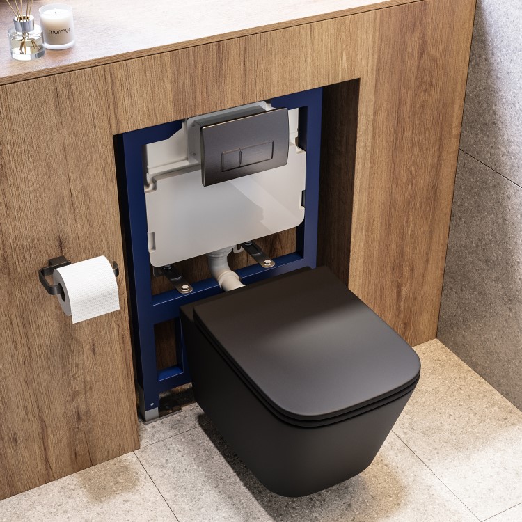 Matt Black Wall Hung Toilet with Soft Close Seat, Gunmetal Pnuematic Flush Plate, 820mm Frame & Cistern - Albi