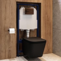 Matt Black Wall Hung Toilet with Soft Close Seat, Bronze Pnuematic Flush Plate, 1168mm Frame & Cistern - Albi