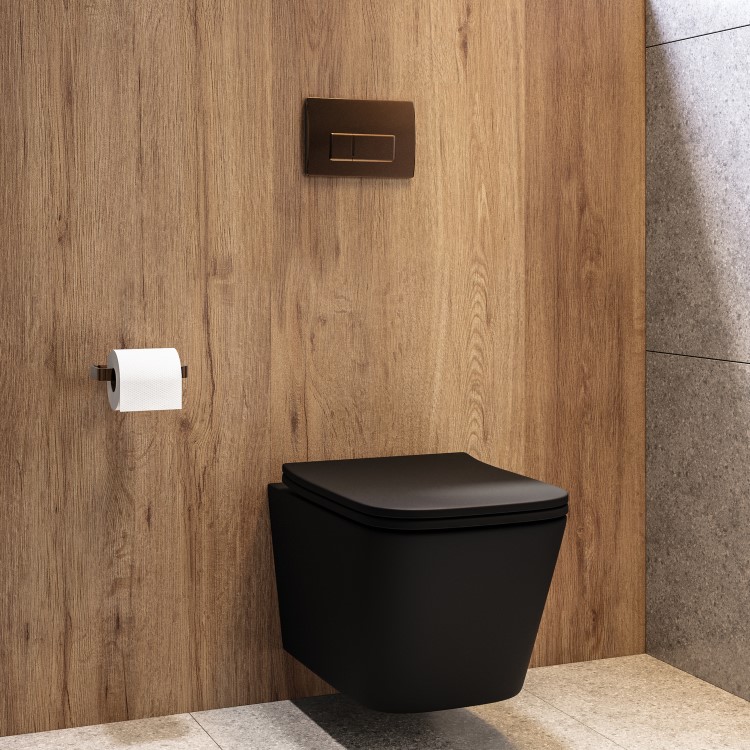 Matt Black Wall Hung Toilet with Soft Close Seat, Bronze Pnuematic Flush Plate, 1168mm Frame & Cistern - Albi