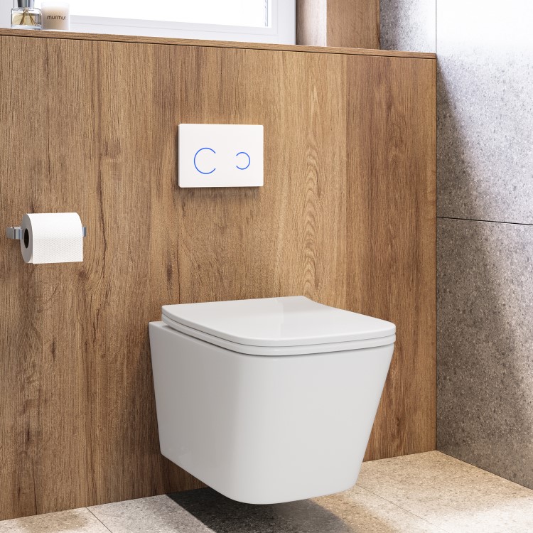 Wall Hung Toilet with Soft Close Seat, White Glass Sensor Flush Plate, 820mm Frame & Cistern - Albi