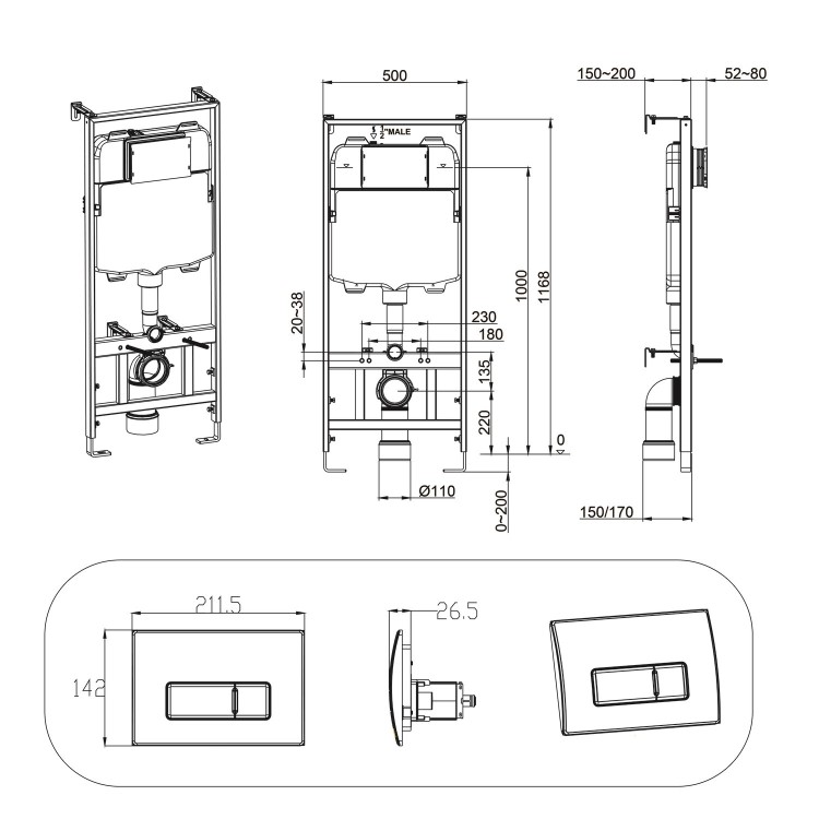 ONLY OPENED - Chrome Pneumatic Flush Plate with 1170mm Pneumatic Frame & Cistern - Elira