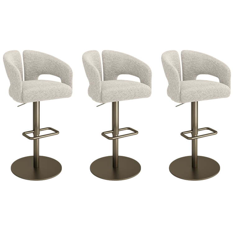 Set of 3 Beige Upholstered Adjustable Swivel Bar Stools with Brass Base - Azalea