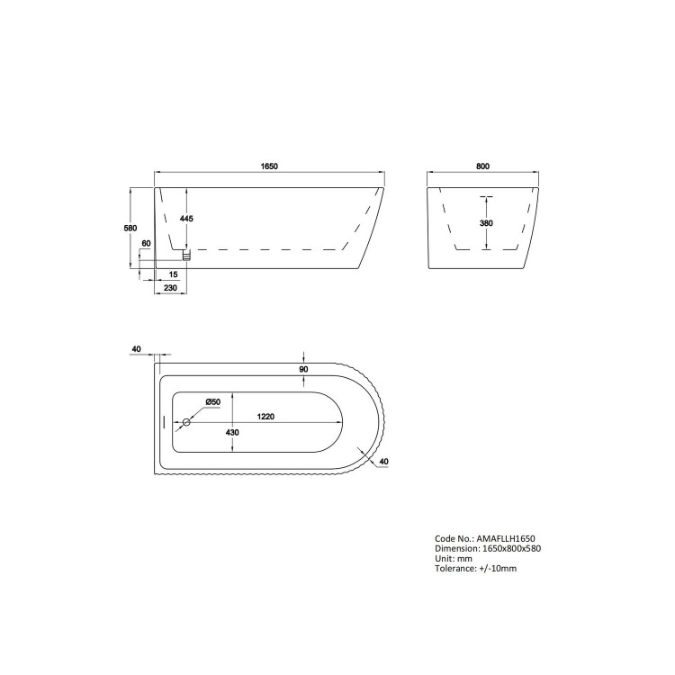 GRADE A1 - Freestanding Single Ended Left Hand Fluted Corner Bath 1650 x 800mm - Amaro