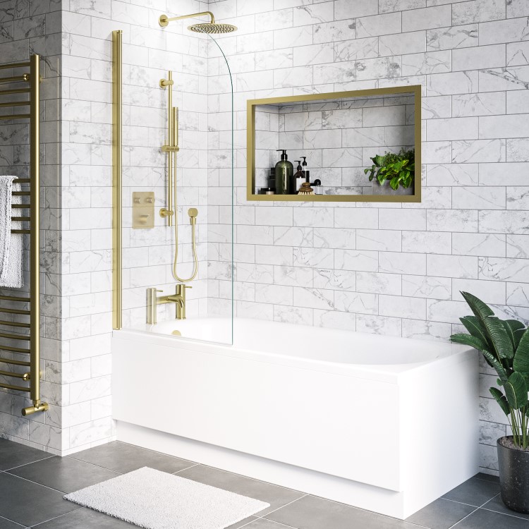 ONLY OPENED - Brushed Brass Hinged Shower Bath Screen 1450 x 775mm - Taurus