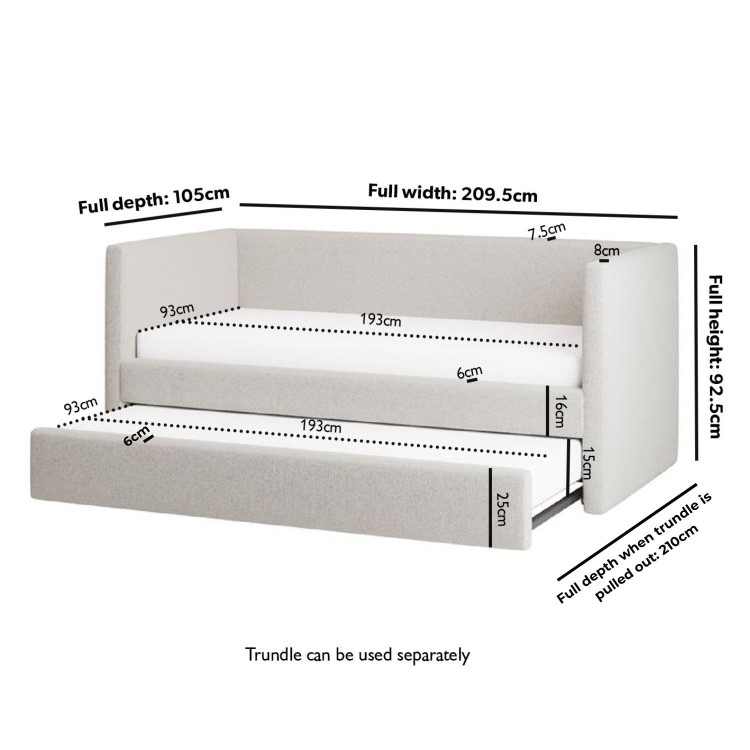 Single Day Bed with Pull Out Trundle in Cream Fabric - Amie