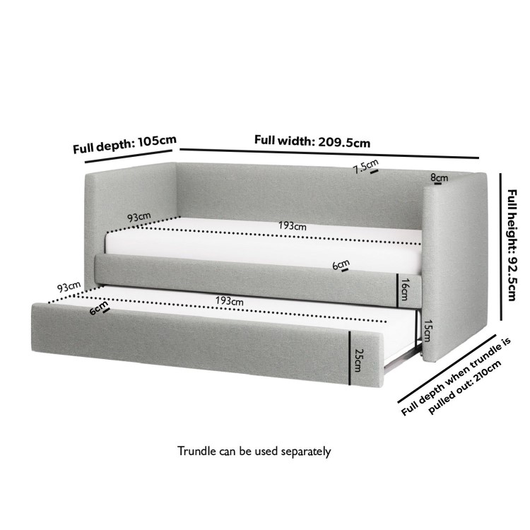 Single Day Bed with Pull Out Trundle in Light Grey Fabric - Amie