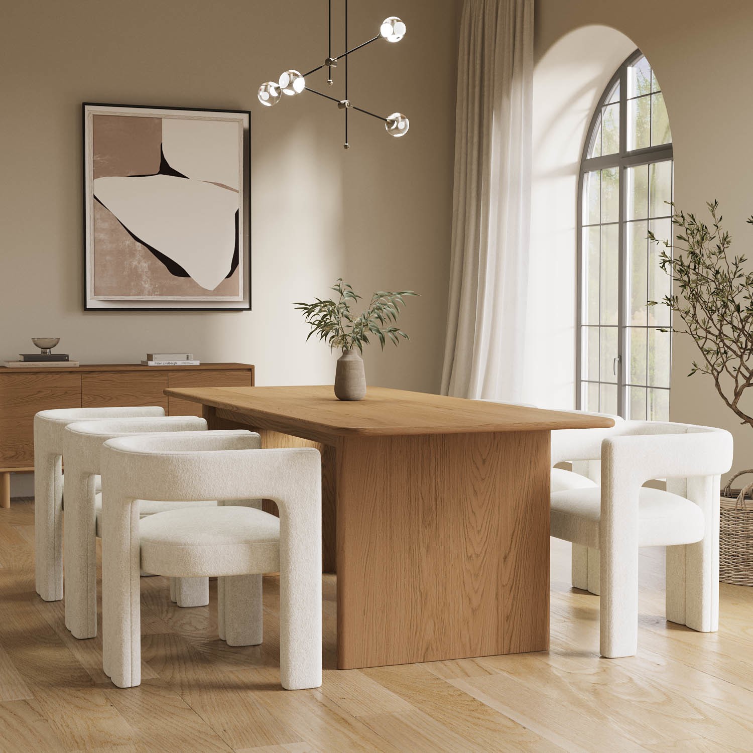 Large Weathered Oak Extendable Dining Table Set with 6 White Boucle ...