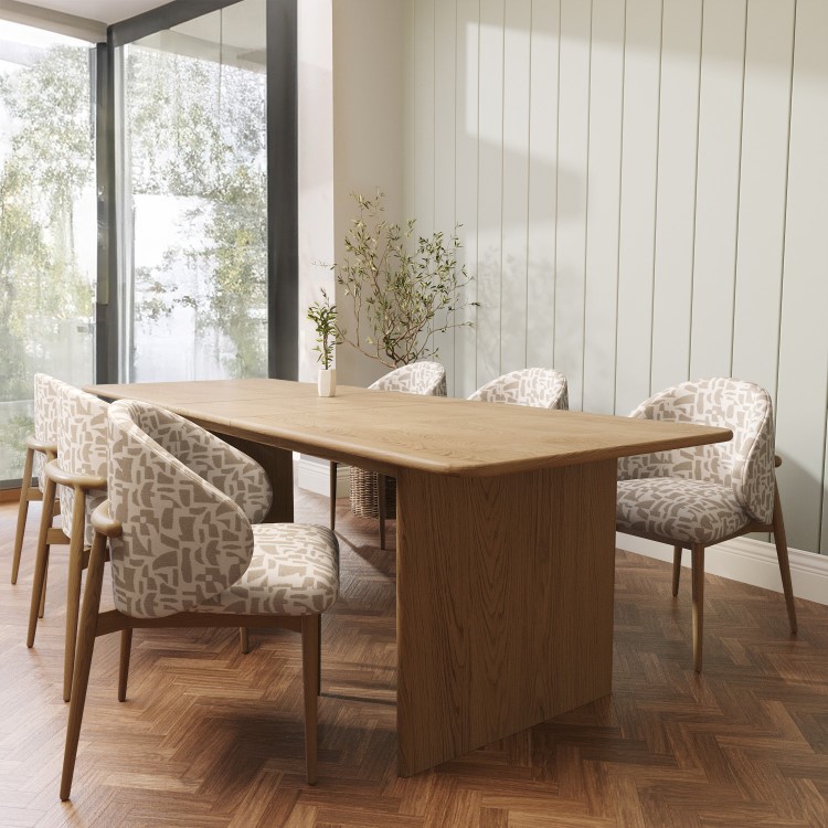 Weathered Oak Extendable Dining Table Set with 6 Beige Printed Chairs -  Mia