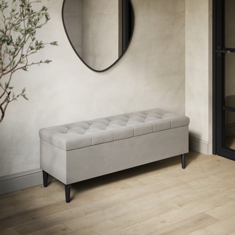 Beige Velvet Ottoman Hallway Bench with Storage - Amara