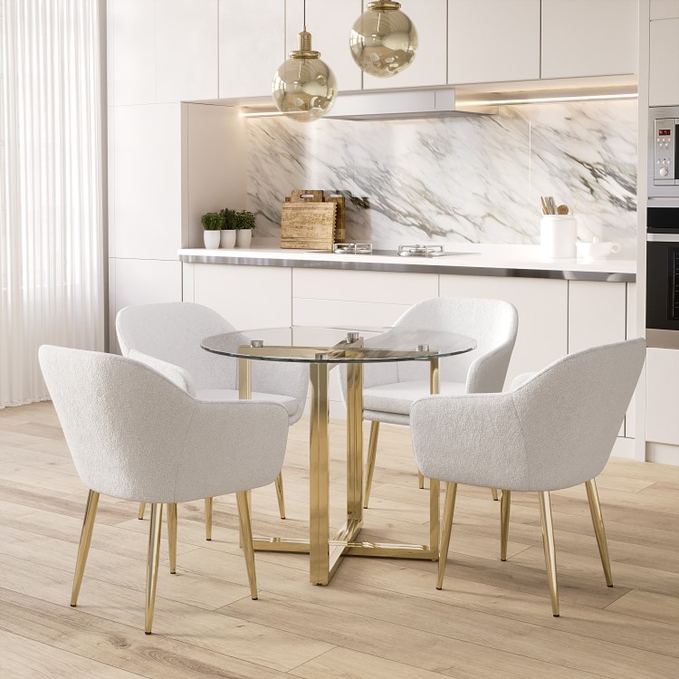 Round Glass Table & 4 Cream Boucle Dining Chairs with Brass legs - Alana Boutique